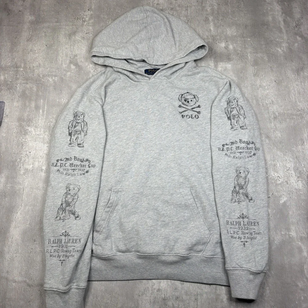 Polo Ralph Lauren Polo Bear Rowing Hoodie Mens S Gray Skull Crossbones Bleecker